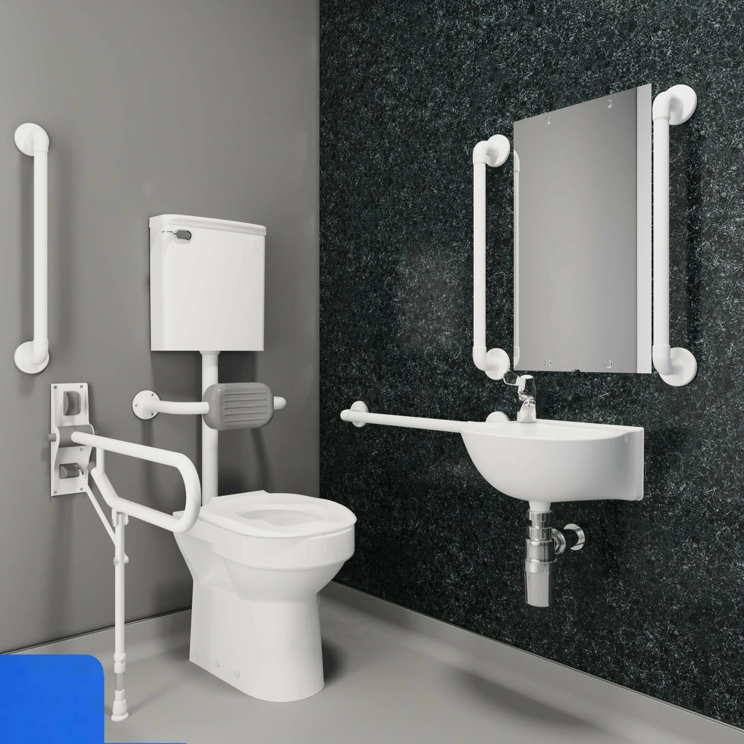 AKW Standard Low-Level Doc M Pack Disabled Toilet Fluted Blue - 5 X Grab Rails 3 AKW Standard Low-Level Doc M Pack Disabled Toilet Fluted Blue - 5 X Grab Rails