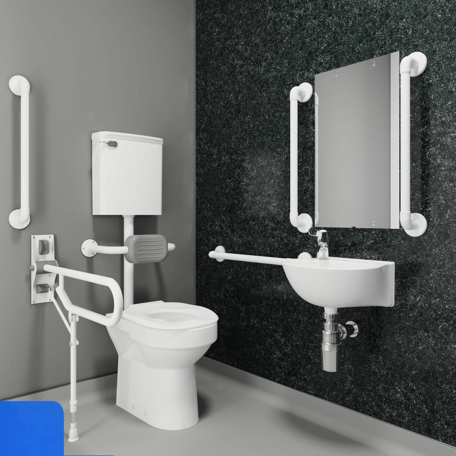 AKW Standard Low-Level Doc M Pack Disabled Toilet With Grab Rails And TMV3 Mixer Tap - Fluted Blue 3 AKW Standard Low-Level Doc M Pack Disabled Toilet With Grab Rails And TMV3 Mixer Tap - Fluted Blue