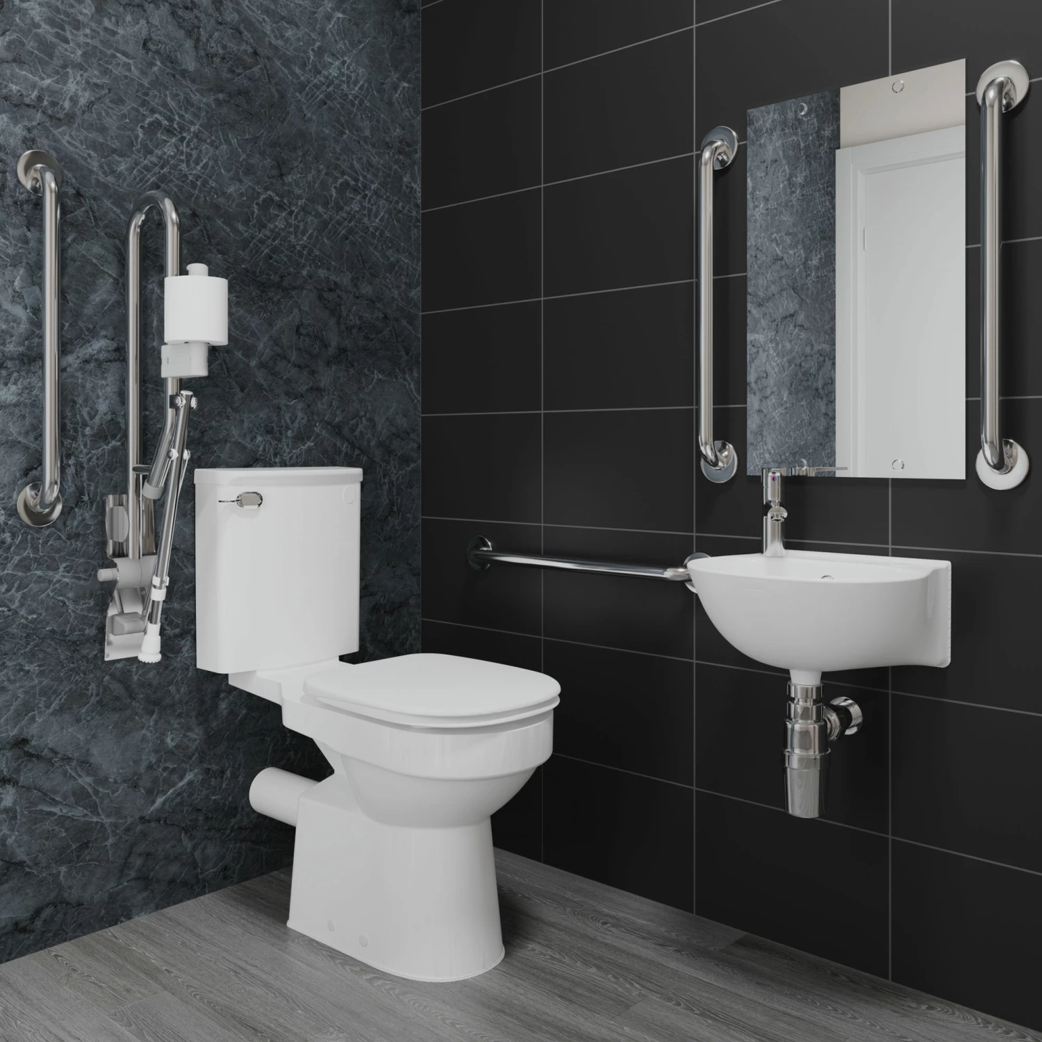 AKW Close Coupled Contemporary Doc M Pack Disabled Toilet With Grab Rails - Stainless Steel 3 AKW Close Coupled Contemporary Doc M Pack Disabled Toilet With Grab Rails - Stainless Steel