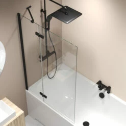 Aqualux Two Panel Hinged Bath Screen 1500mm X 1000mm - 6mm Glass - Matt Black -HEATANDPLUMB Sales aqualux hinged bath screen 8162024 1
