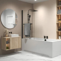 Aqualux Radius Round Top Hinged Bath Screen With Towel Rail 1500mm X 900mm 6mm Glass - Matt Black 11 Aqualux Radius Round Top Hinged Bath Screen With Towel Rail 1500mm X 900mm 6mm Glass - Matt Black -HEATANDPLUMB Sales aqualux radius bath screen 8162055 2