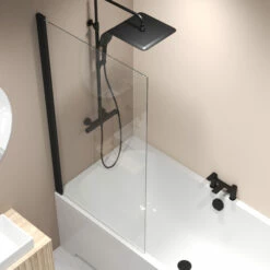 Aqualux Square Hinged Bath Screen 1500mm X 900mm 6mm Glass - Matt Black -HEATANDPLUMB Sales aqualux square bath screen 8161980 1