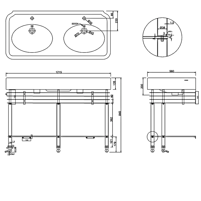 Burlington Arcade Double Basin 1200mm Wide And Stand With Glass Shelf - 1 Tap Hole 4 Burlington Arcade Double Basin 1200mm Wide And Stand With Glass Shelf - 1 Tap Hole - Image 2