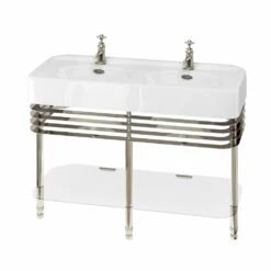 Burlington Arcade Double Basin 1200mm Wide And Stand With Glass Shelf - 1 Tap Hole