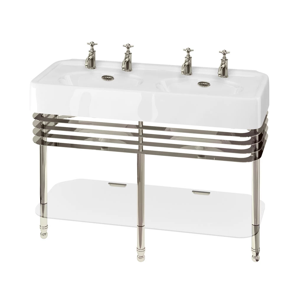 Burlington Arcade Double Basin 1200mm Wide And Stand With Glass Shelf - 2 Tap Hole 3 Burlington Arcade Double Basin 1200mm Wide And Stand With Glass Shelf - 2 Tap Hole