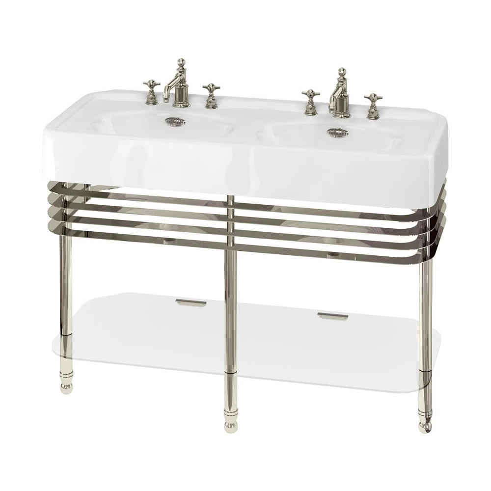 Burlington Arcade Double Basin 1200mm Wide And Stand With Glass Shelf - 3 Tap Hole 4 Burlington Arcade Double Basin 1200mm Wide And Stand With Glass Shelf - 3 Tap Hole - Image 2
