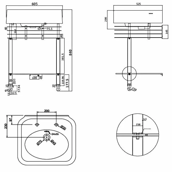 Burlington Arcade Basin 600mm Wide And Stand With Glass Shelf - 2 Tap Hole 4 Burlington Arcade Basin 600mm Wide And Stand With Glass Shelf - 2 Tap Hole - Image 2