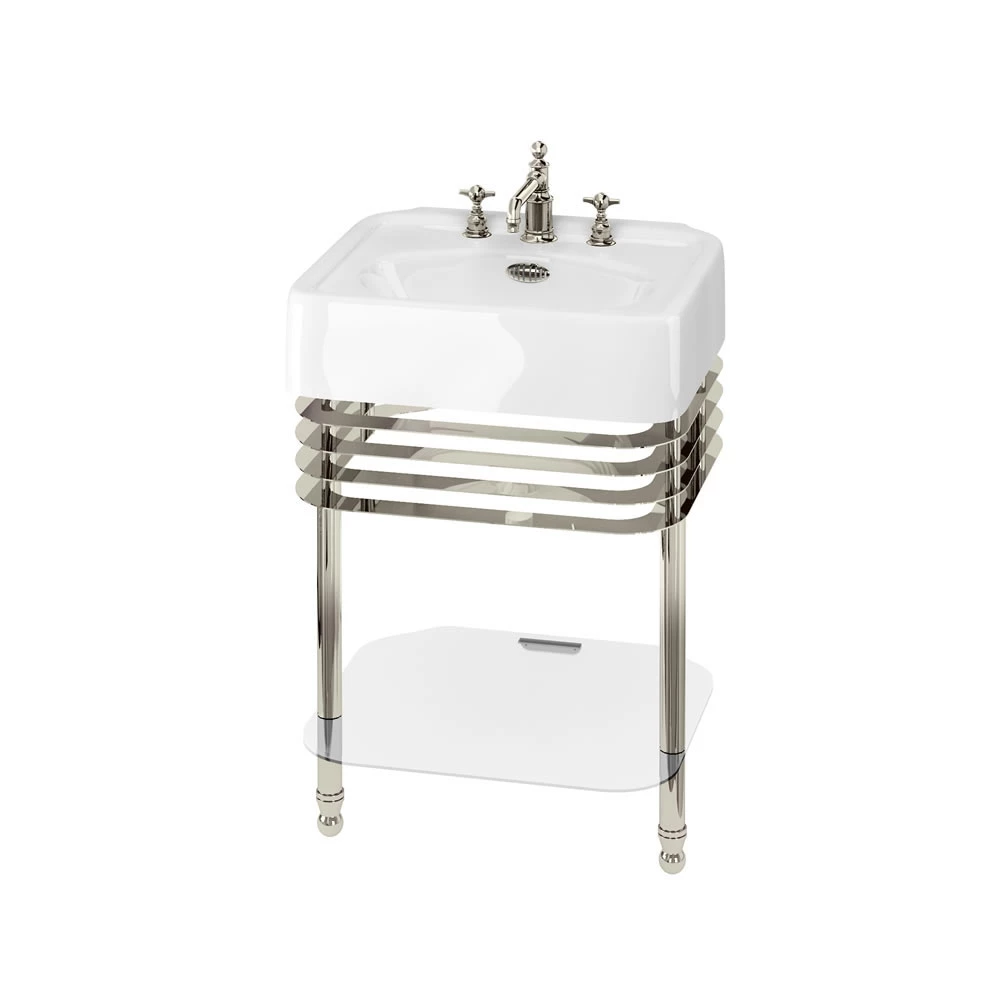 Burlington Arcade Basin 600mm Wide And Stand With Glass Shelf - 3 Tap Hole 3 Burlington Arcade Basin 600mm Wide And Stand With Glass Shelf - 3 Tap Hole