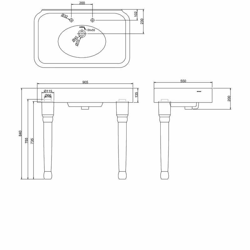 Burlington Arcade Basin 900mm Wide With Ceramic Console Legs - 2 Tap Hole 3 Burlington Arcade Basin 900mm Wide With Ceramic Console Legs - 2 Tap Hole