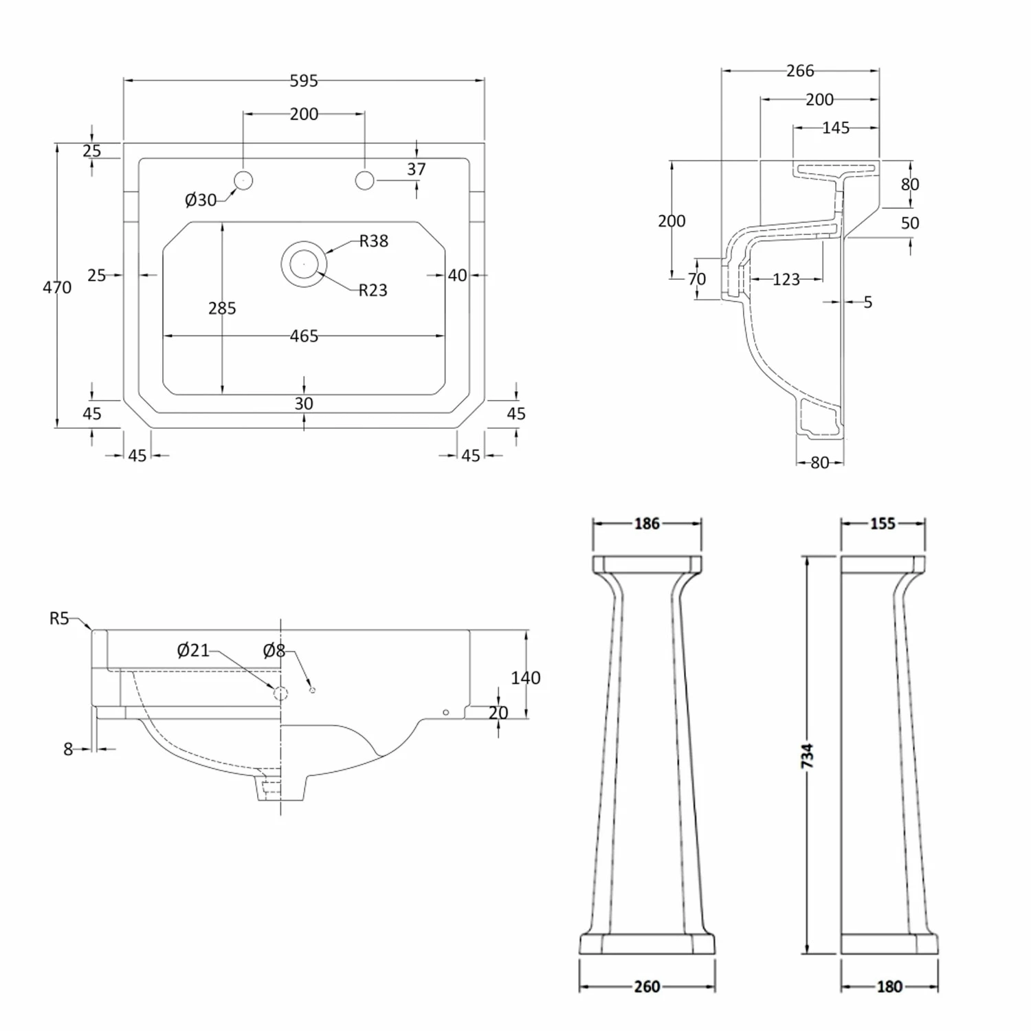 Bayswater Fitzroy Basin With Large Full Pedestal 595mm Wide 2 Tap Hole 5 Bayswater Fitzroy Basin With Large Full Pedestal 595mm Wide 2 Tap Hole - Image 3