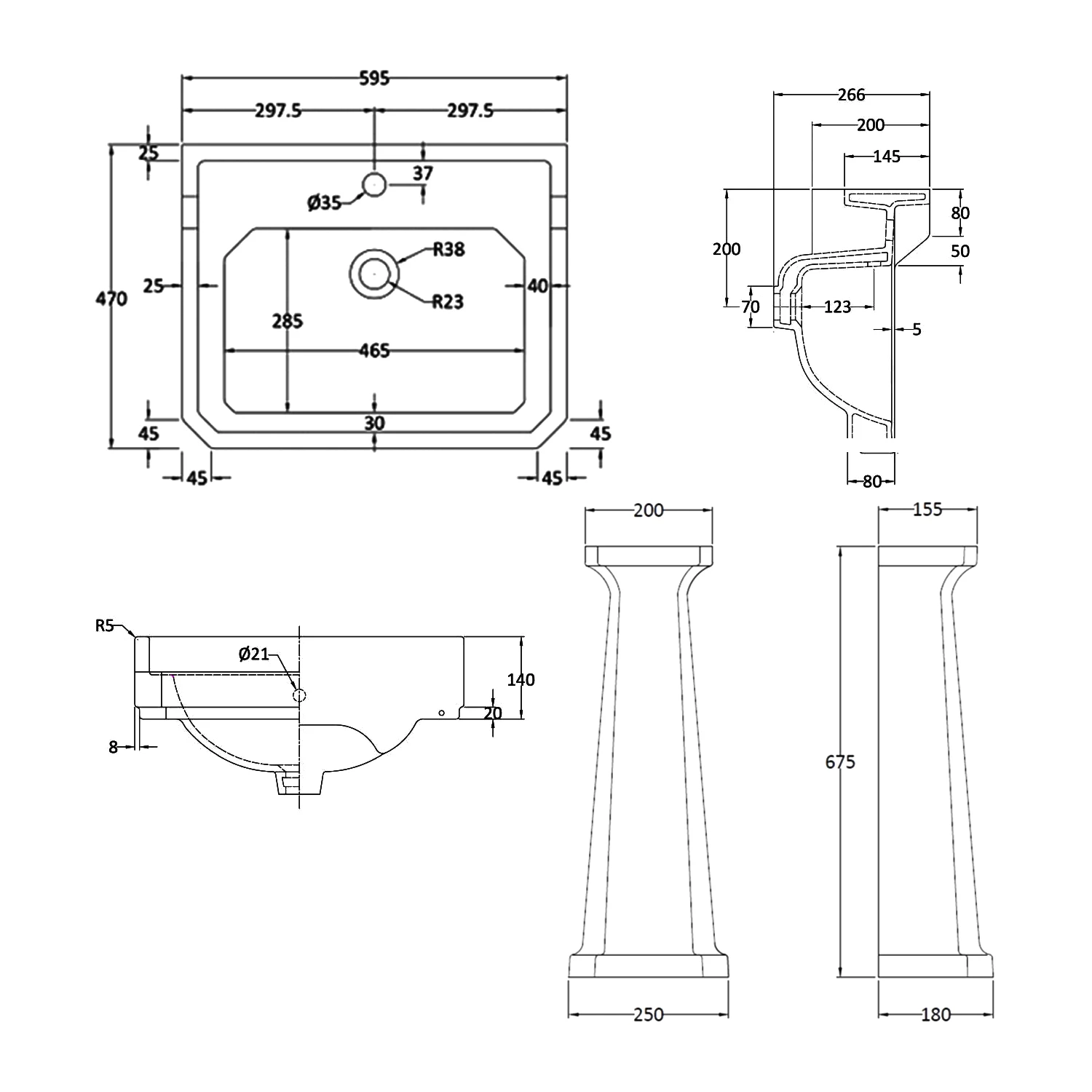 Bayswater Fitzroy Basin With Full Pedestal 595mm Wide 1 Tap Hole 5 Bayswater Fitzroy Basin With Full Pedestal 595mm Wide 1 Tap Hole - Image 3