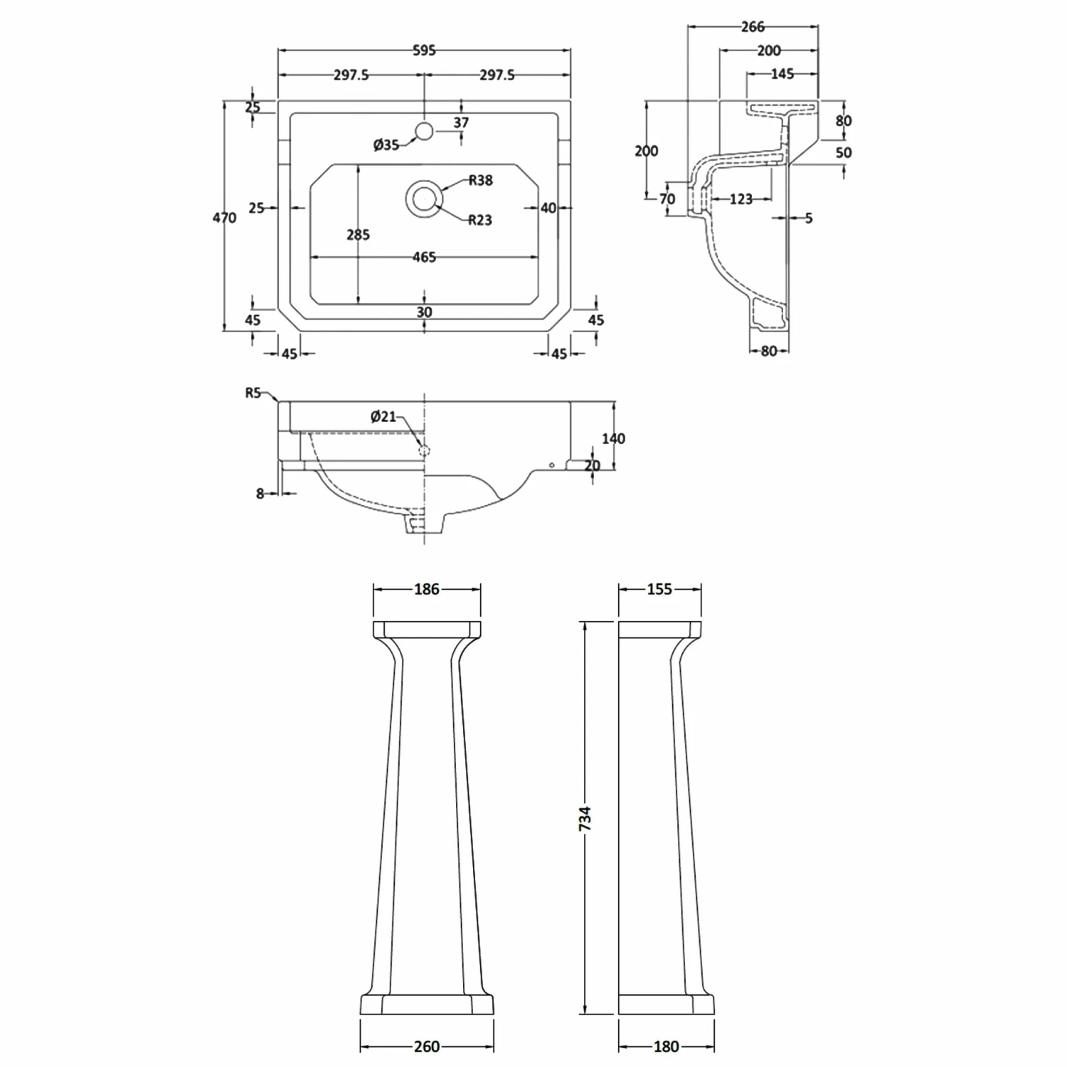 Bayswater Fitzroy Basin With Large Full Pedestal 595mm Wide 1 Tap Hole 5 Bayswater Fitzroy Basin With Large Full Pedestal 595mm Wide 1 Tap Hole - Image 3
