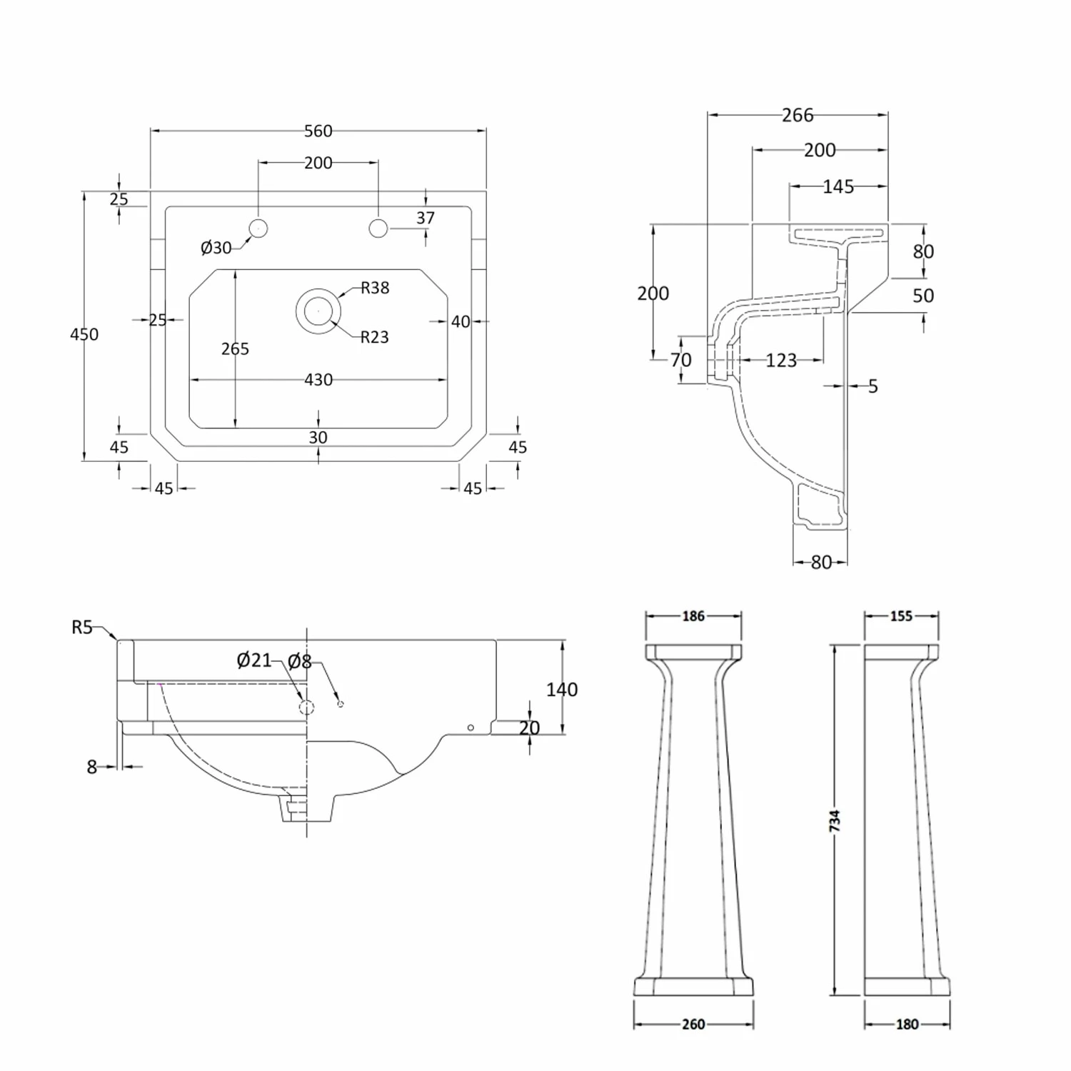 Bayswater Fitzroy Basin With Large Full Pedestal 560mm Wide 2 Tap Hole 3 Bayswater Fitzroy Basin With Large Full Pedestal 560mm Wide 2 Tap Hole