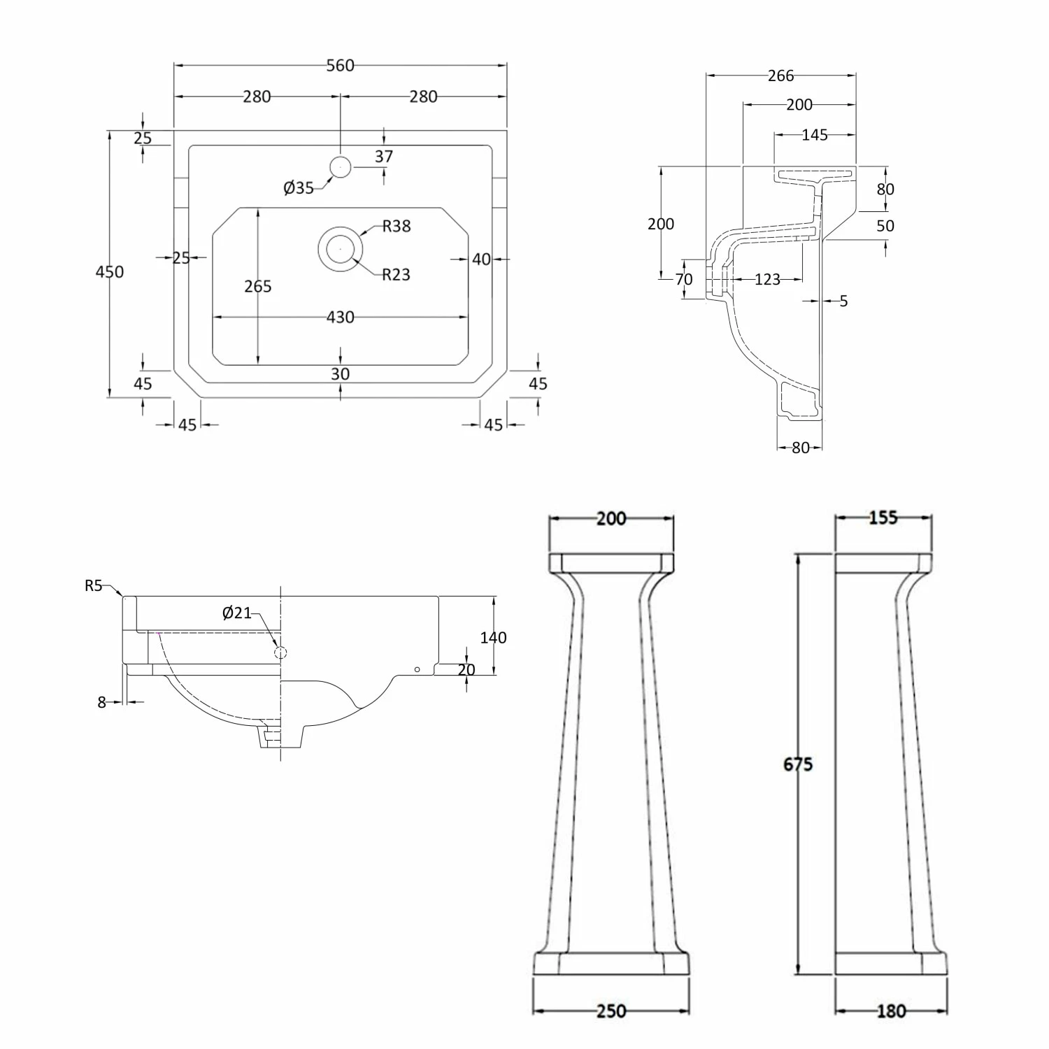 Bayswater Fitzroy Basin With Full Pedestal 560mm Wide 1 Tap Hole 6 Bayswater Fitzroy Basin With Full Pedestal 560mm Wide 1 Tap Hole - Image 4