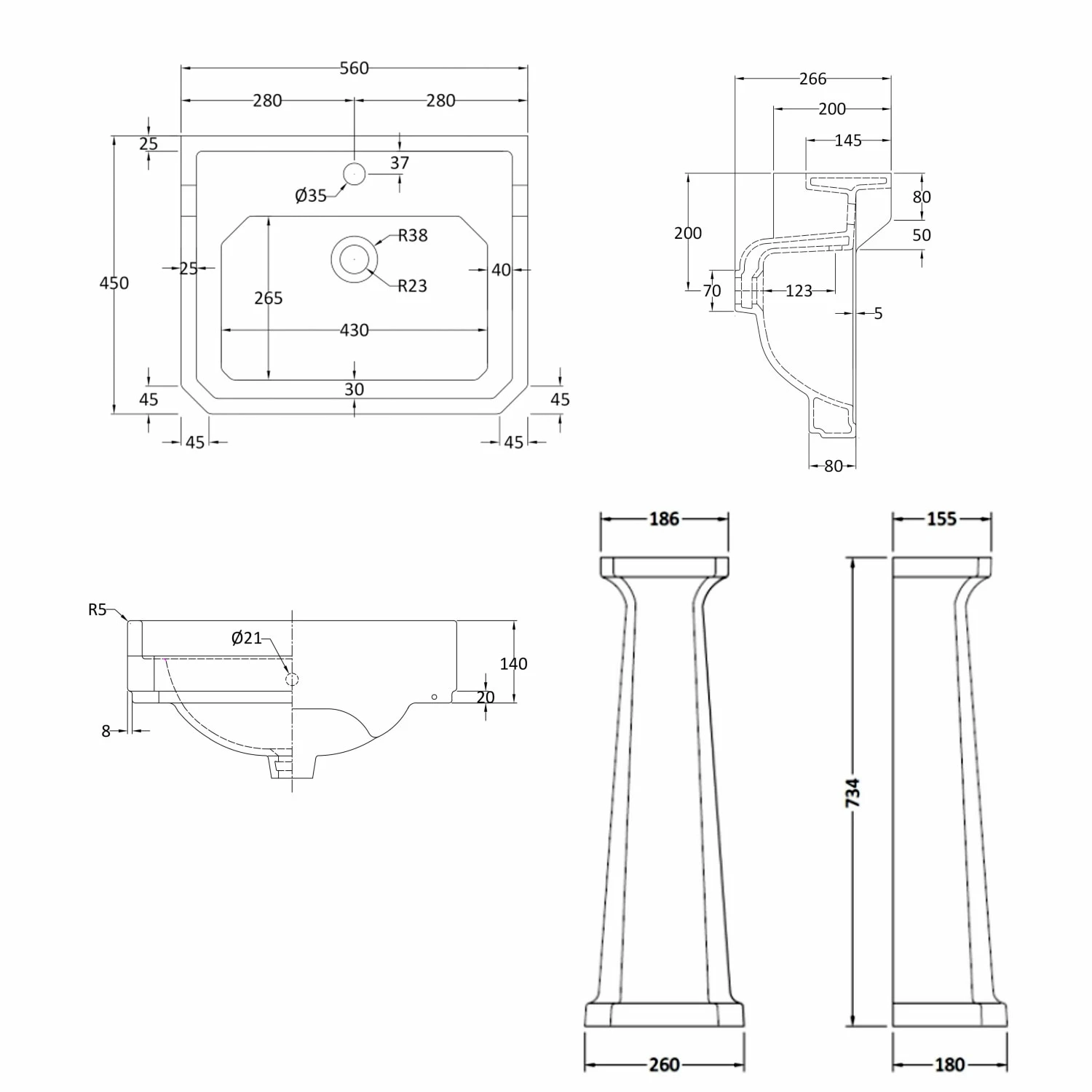 Bayswater Fitzroy Basin With Large Full Pedestal 560mm Wide 1 Tap Hole 6 Bayswater Fitzroy Basin With Large Full Pedestal 560mm Wide 1 Tap Hole - Image 4
