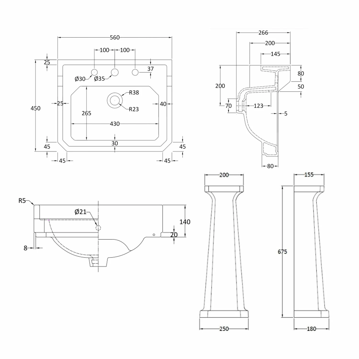 Bayswater Fitzroy Basin With Full Pedestal 560mm Wide 3 Tap Hole 4 Bayswater Fitzroy Basin With Full Pedestal 560mm Wide 3 Tap Hole - Image 2