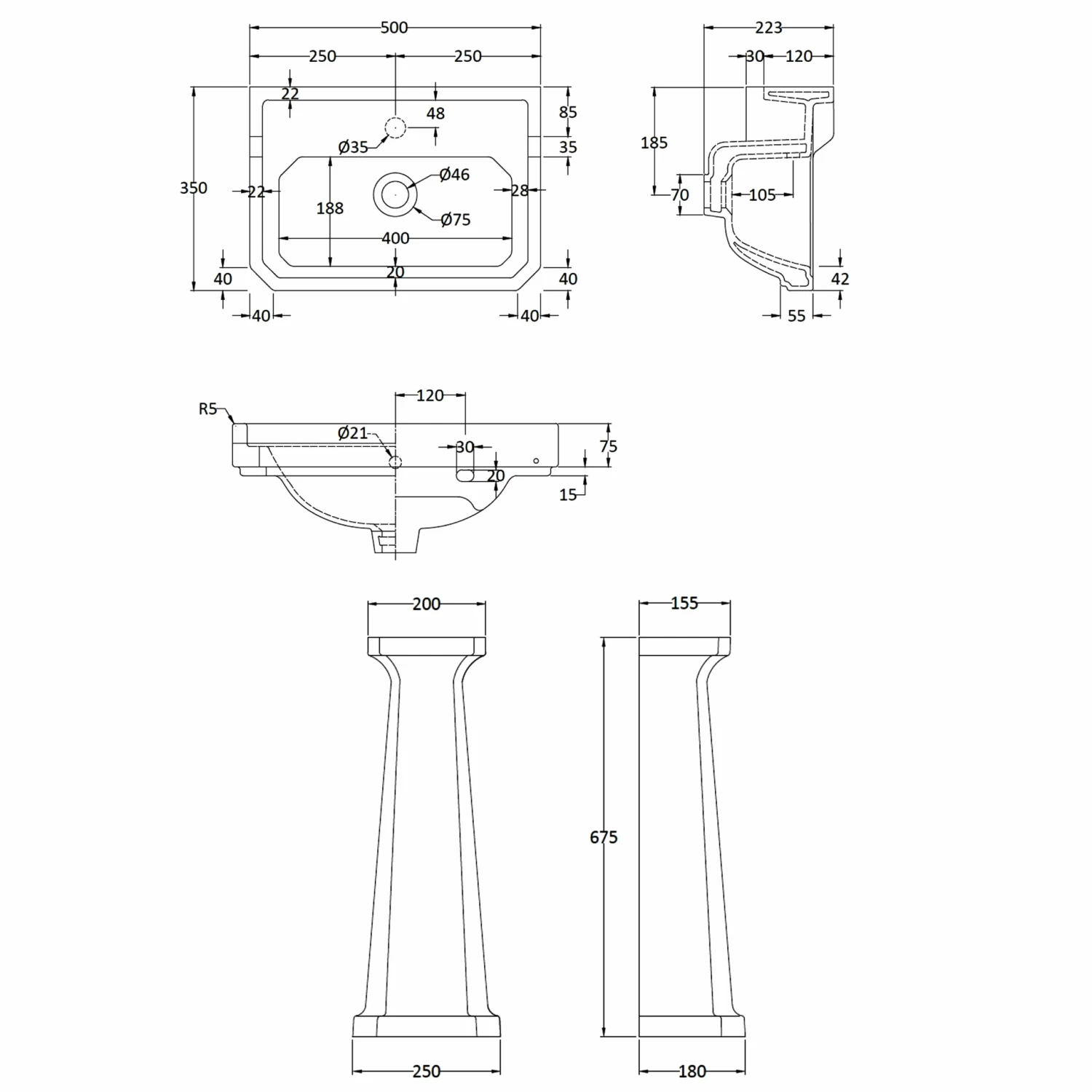 Bayswater Fitzroy Basin With Full Pedestal 500mm Wide 1 Tap Hole 4 Bayswater Fitzroy Basin With Full Pedestal 500mm Wide 1 Tap Hole - Image 2