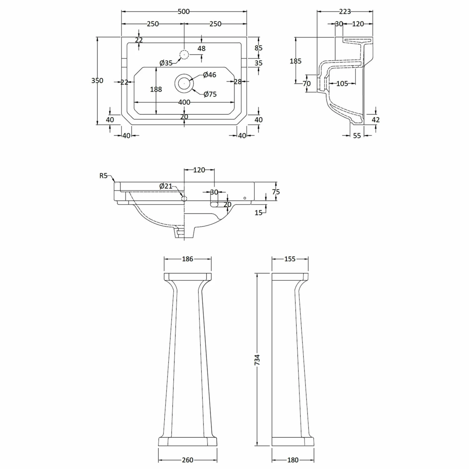 Bayswater Fitzroy Basin With Large Full Pedestal 500mm Wide 1 Tap Hole 5 Bayswater Fitzroy Basin With Large Full Pedestal 500mm Wide 1 Tap Hole - Image 3