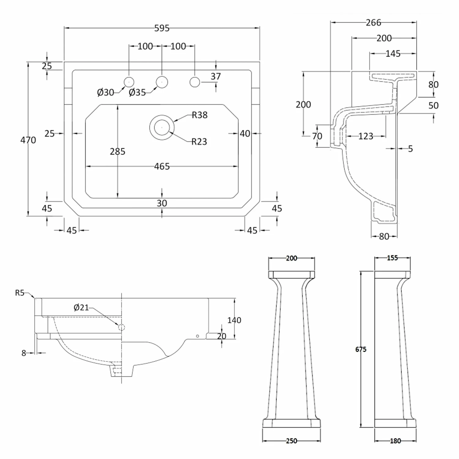 Bayswater Fitzroy Basin With Full Pedestal 595mm Wide 3 Tap Hole 6 Bayswater Fitzroy Basin With Full Pedestal 595mm Wide 3 Tap Hole - Image 4