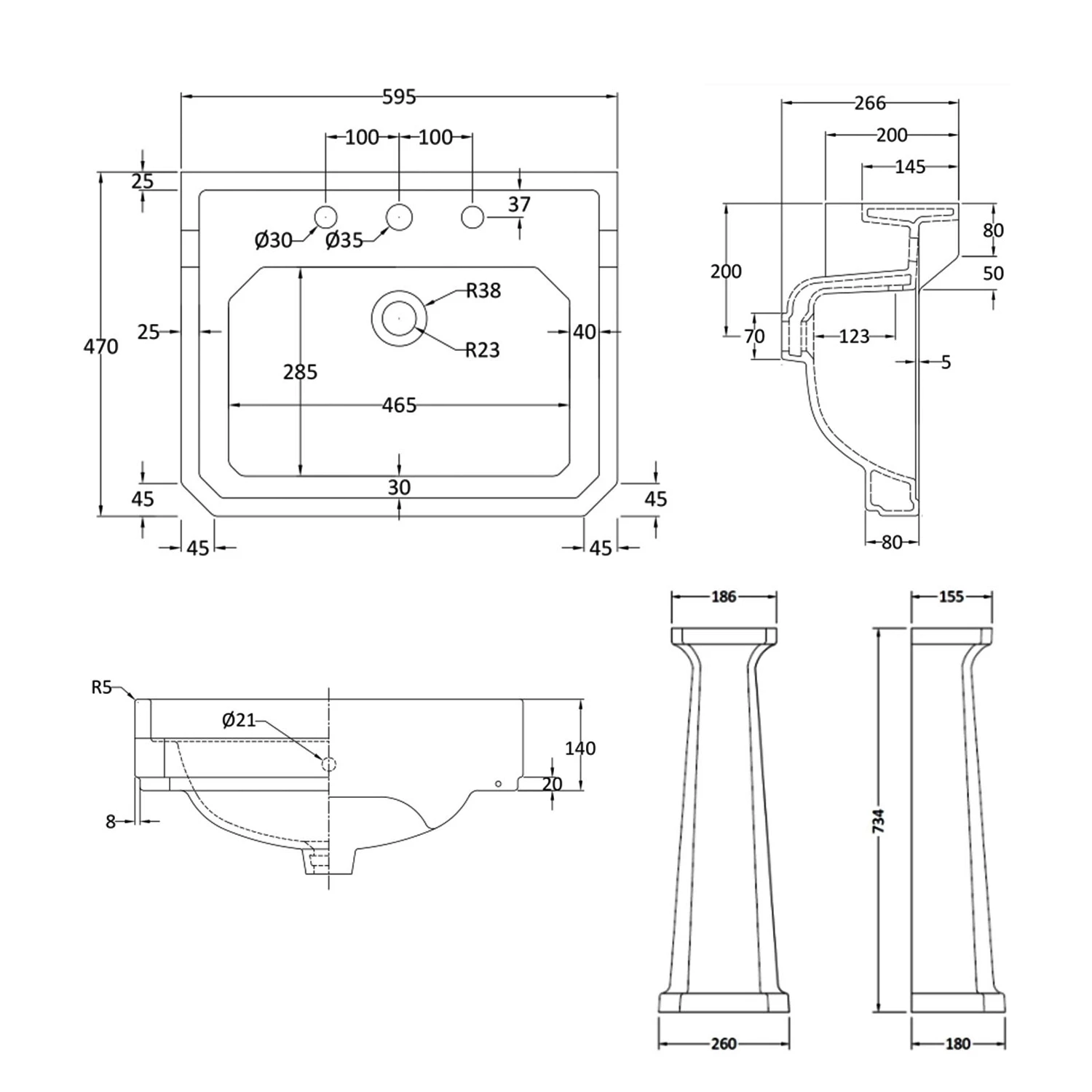 Bayswater Fitzroy Basin With Large Full Pedestal 595mm Wide 3 Tap Hole 6 Bayswater Fitzroy Basin With Large Full Pedestal 595mm Wide 3 Tap Hole - Image 4
