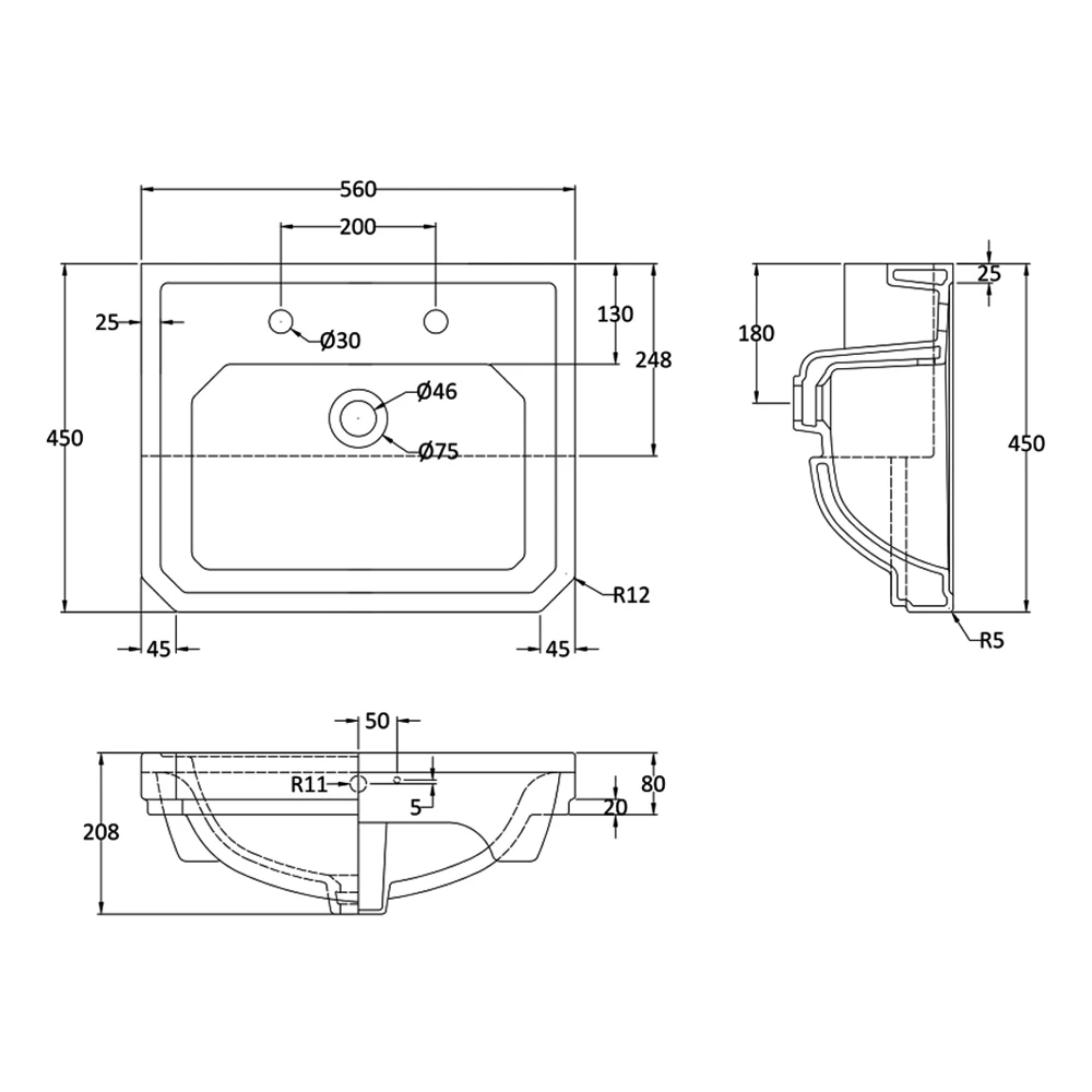 Bayswater Fitzroy Semi Recessed Basin 560mm Wide - 2 Tap Hole 3 Bayswater Fitzroy Semi Recessed Basin 560mm Wide - 2 Tap Hole - Image 2