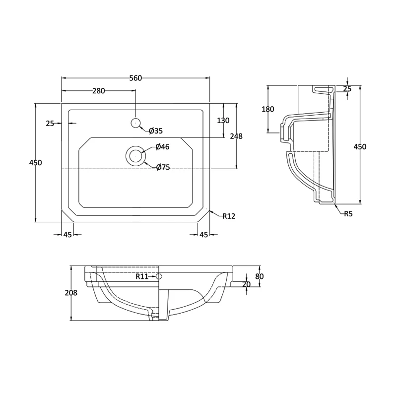 Bayswater Fitzroy Semi Recessed Basin 560mm Wide - 1 Tap Hole 3 Bayswater Fitzroy Semi Recessed Basin 560mm Wide - 1 Tap Hole