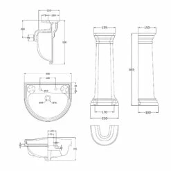 Bayswater Porchester Basin With Full Pedestal 600mm Wide 2 Tap Hole