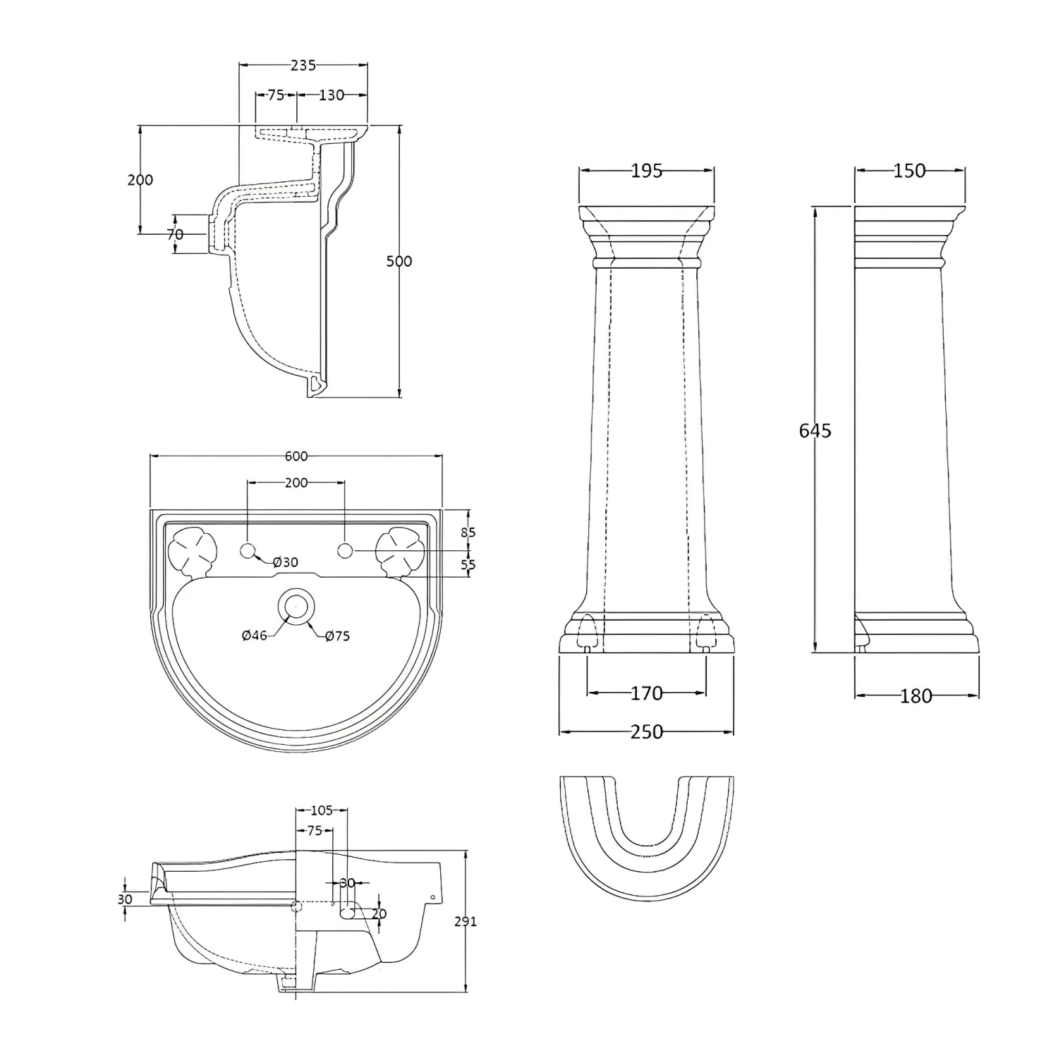 Bayswater Porchester Basin With Full Pedestal 600mm Wide 2 Tap Hole 3 Bayswater Porchester Basin With Full Pedestal 600mm Wide 2 Tap Hole