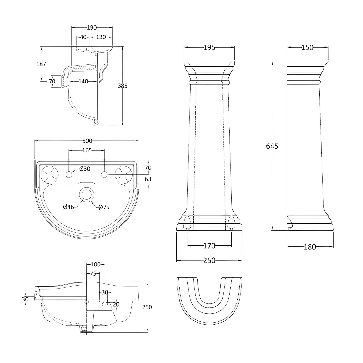 Bayswater Porchester Basin With Full Pedestal 500mm Wide 2 Tap Hole 7 Bayswater Porchester Basin With Full Pedestal 500mm Wide 2 Tap Hole - Image 5