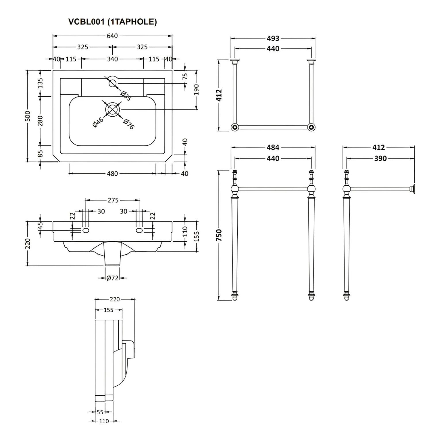 Bayswater Victrion Basin With Wash Stand 640mm Wide - 1 Tap Hole 5 Bayswater Victrion Basin With Wash Stand 640mm Wide - 1 Tap Hole - Image 3