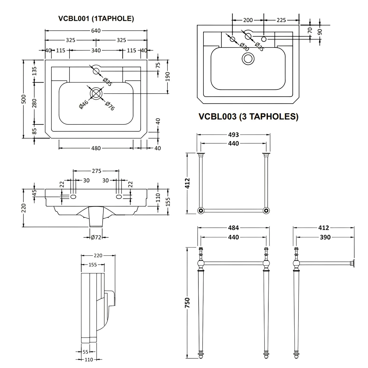 Bayswater Victrion Basin With Wash Stand 640mm Wide - 3 Tap Hole 4 Bayswater Victrion Basin With Wash Stand 640mm Wide - 3 Tap Hole - Image 2