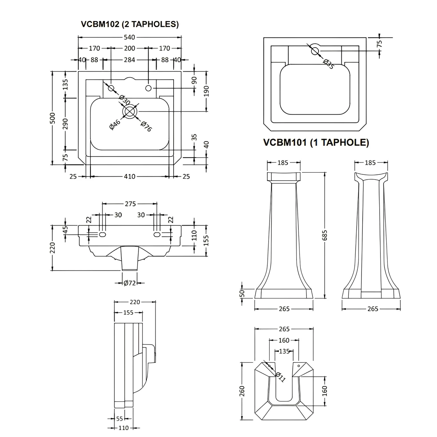 Bayswater Victrion Basin With Full Pedestal 550mm Wide 1 Tap Hole 5 Bayswater Victrion Basin With Full Pedestal 550mm Wide 1 Tap Hole - Image 3