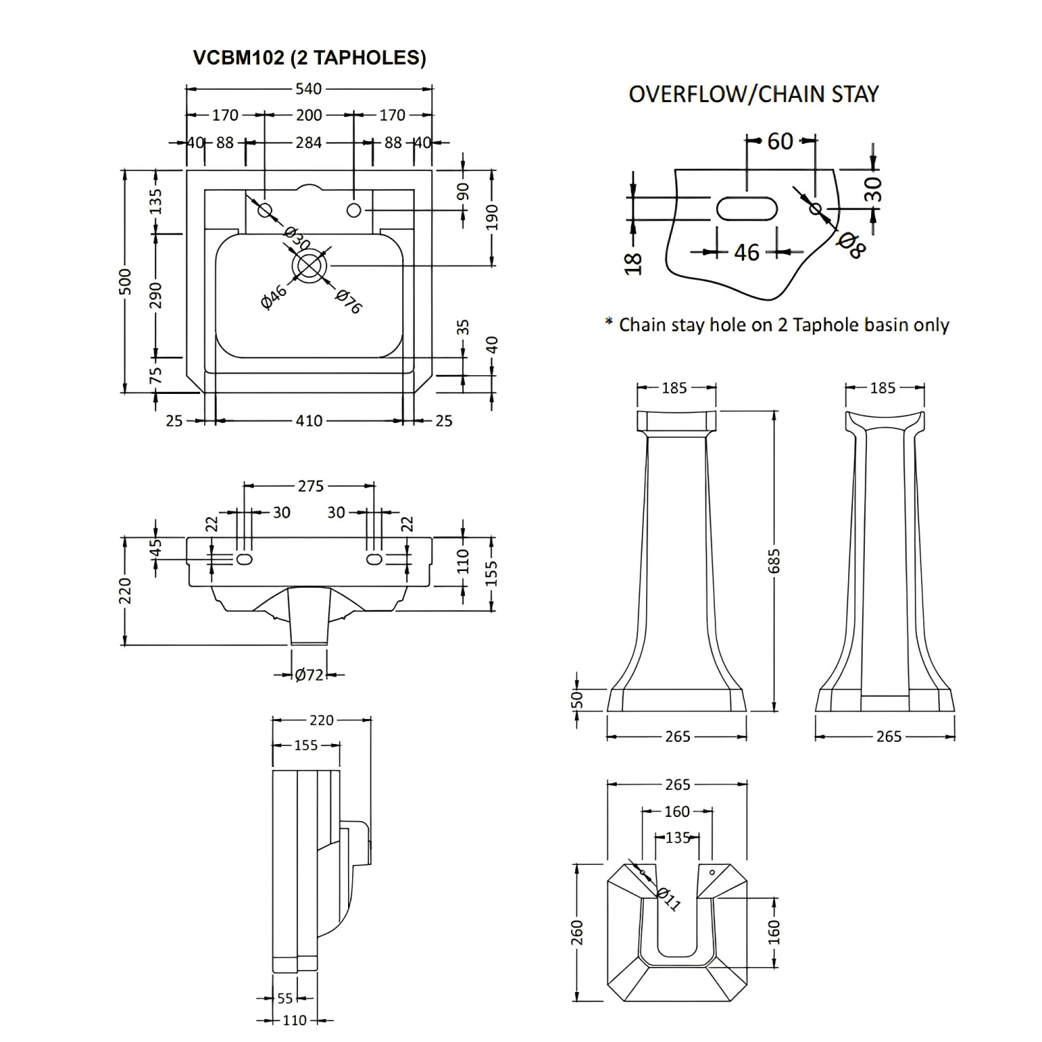 Bayswater Victrion Basin With Full Pedestal 550mm Wide 2 Tap Hole 3 Bayswater Victrion Basin With Full Pedestal 550mm Wide 2 Tap Hole