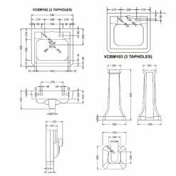 Bayswater Victrion Basin With Full Pedestal 550mm Wide 3 Tap Hole