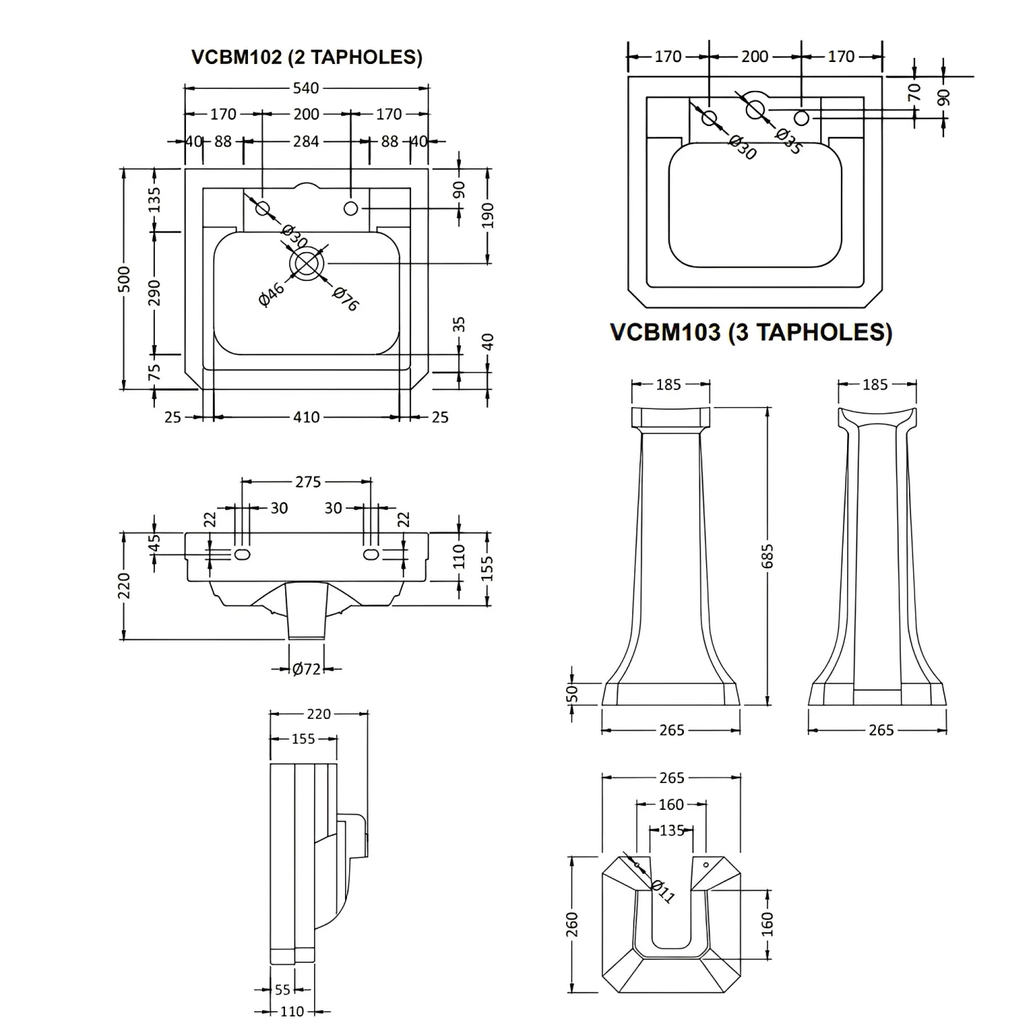 Bayswater Victrion Basin With Full Pedestal 550mm Wide 3 Tap Hole 3 Bayswater Victrion Basin With Full Pedestal 550mm Wide 3 Tap Hole