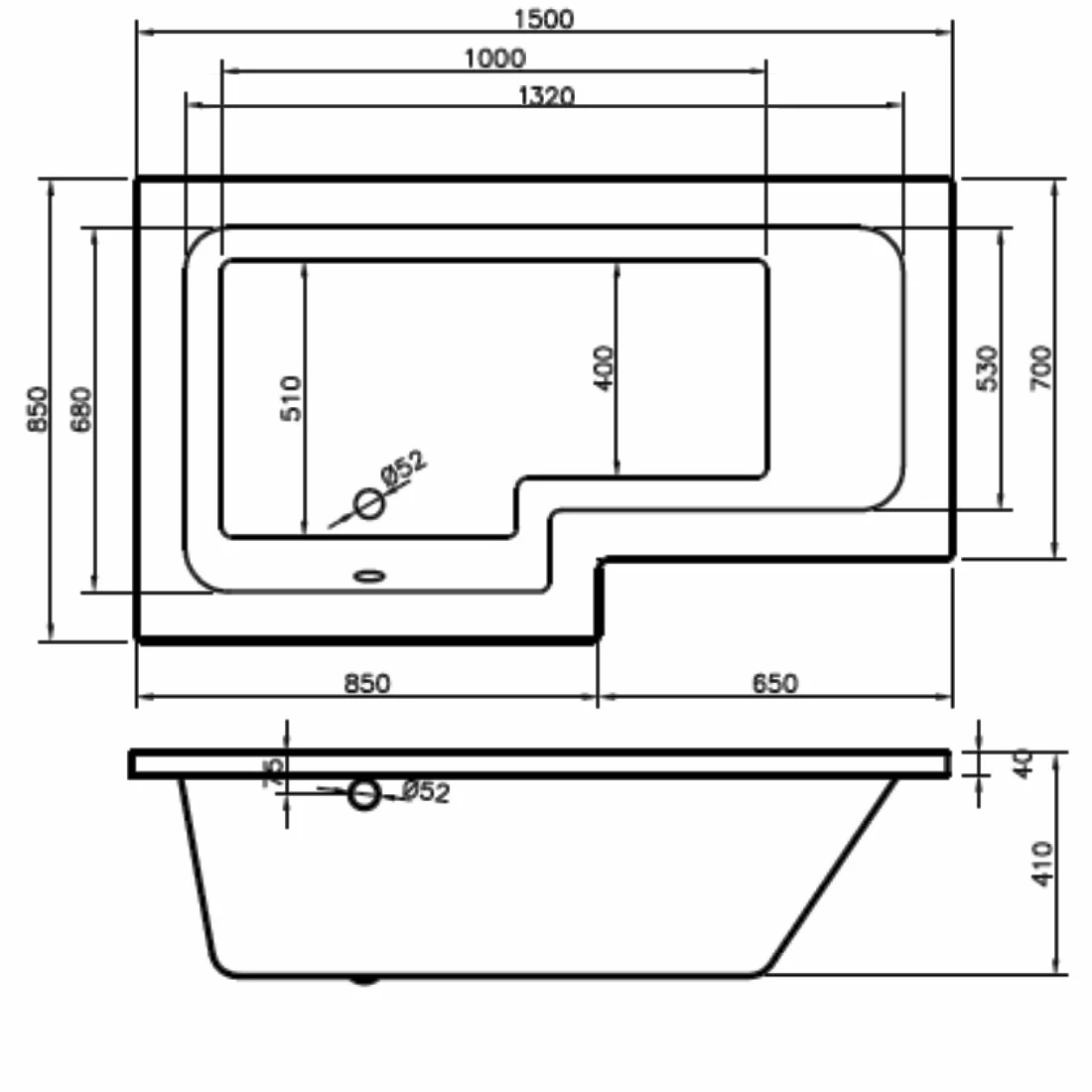 BC Designs Solidblue L-Shaped Shower Bath 1500mm X 700mm/850mm Left Handed - 0 Tap Hole 4 BC Designs Solidblue L-Shaped Shower Bath 1500mm X 700mm/850mm Left Handed - 0 Tap Hole - Image 2