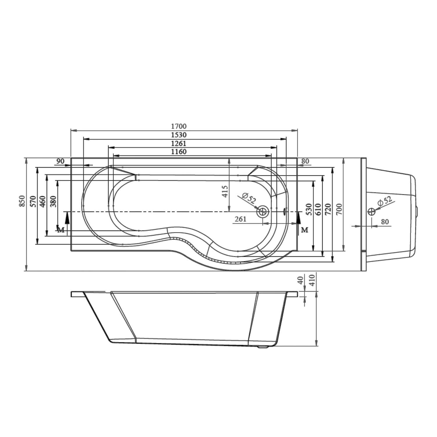 BC Designs Solidblue P-Shaped Shower Bath 1700mm X 700mm/850mm Right Handed - 0 Tap Hole 3 BC Designs Solidblue P-Shaped Shower Bath 1700mm X 700mm/850mm Right Handed - 0 Tap Hole