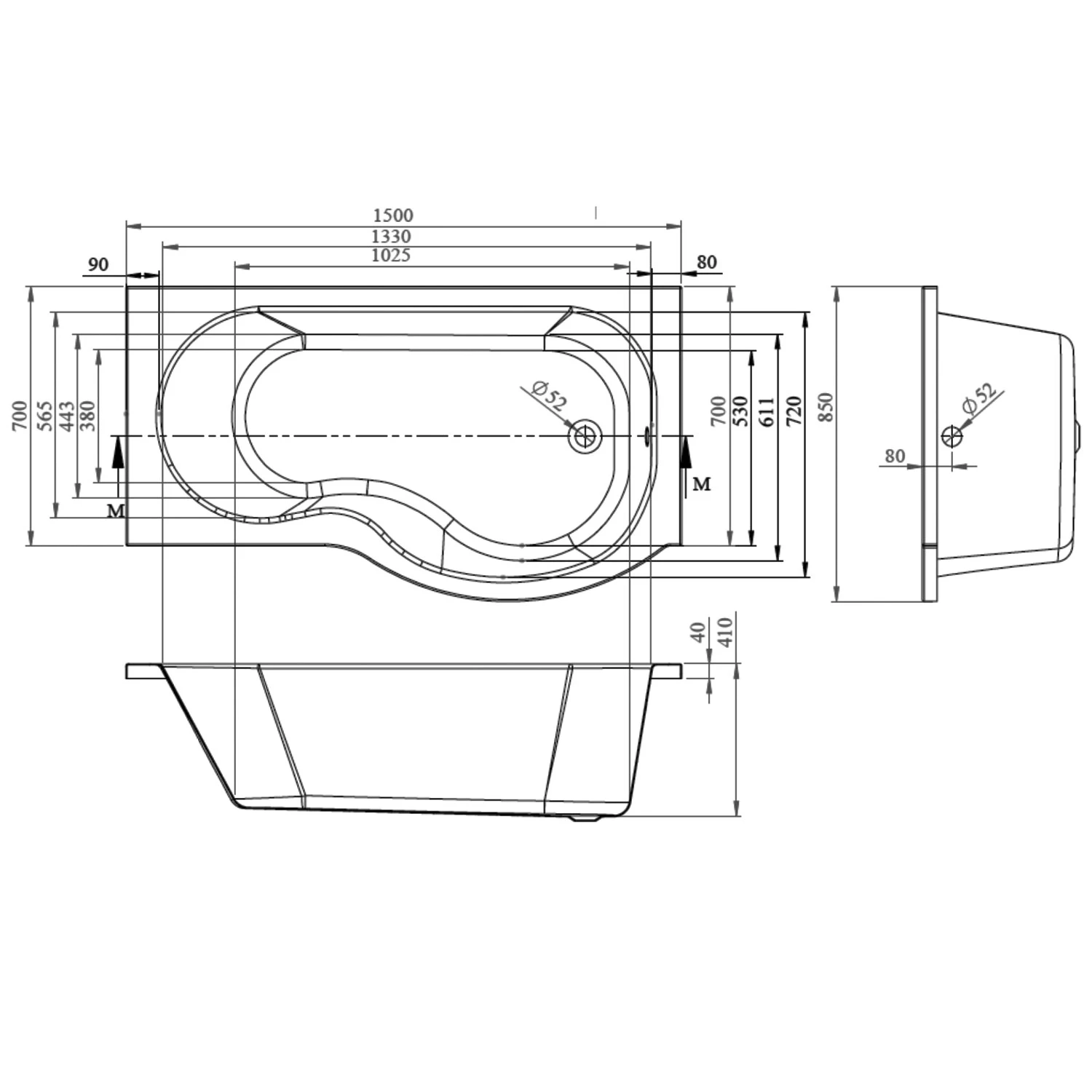 BC Designs Solidblue P-Shaped Shower Bath 1500mm X 700mm/850mm Right Handed - 0 Tap Hole 3 BC Designs Solidblue P-Shaped Shower Bath 1500mm X 700mm/850mm Right Handed - 0 Tap Hole