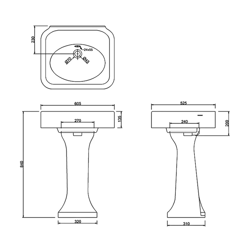 Burlington Arcade Basin 600mm Wide With Full Pedestal - 0 Tap Hole 3 Burlington Arcade Basin 600mm Wide With Full Pedestal - 0 Tap Hole