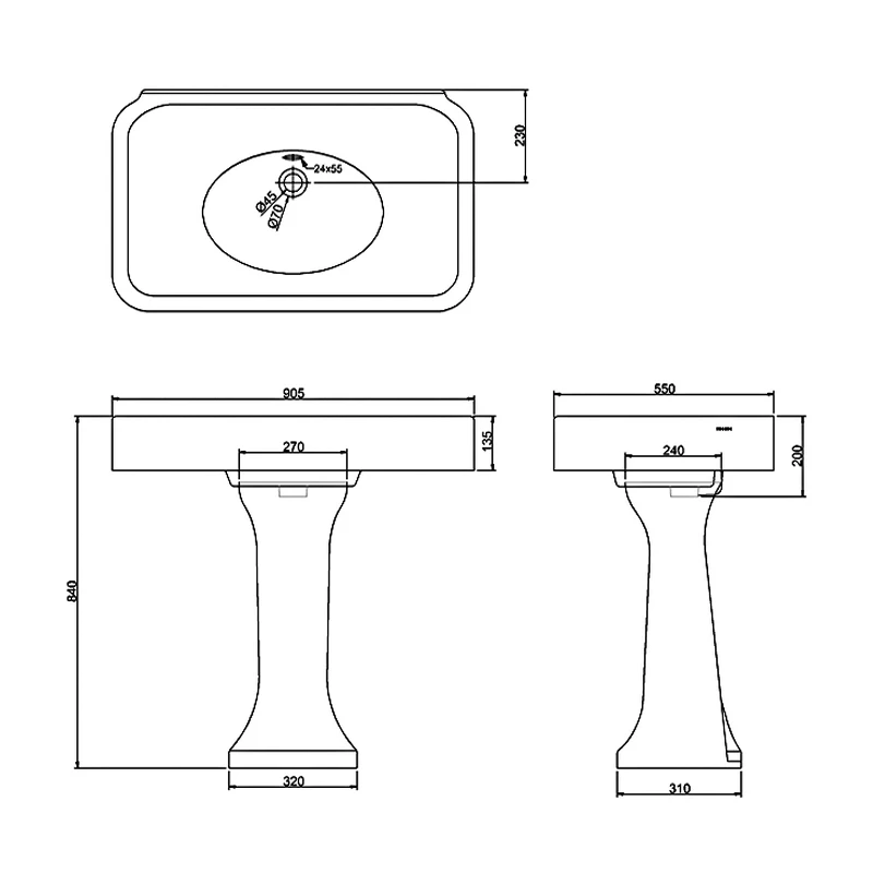 Burlington Arcade Basin 900mm Wide With Full Pedestal - 0 Tap Hole 4 Burlington Arcade Basin 900mm Wide With Full Pedestal - 0 Tap Hole - Image 2