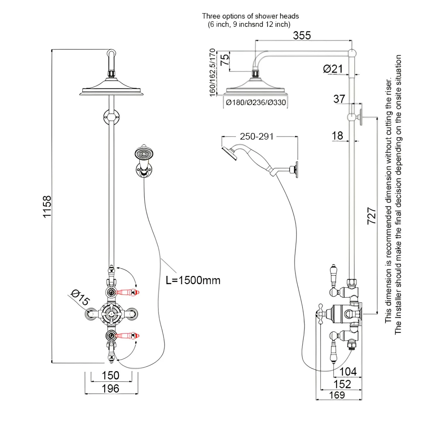 Burlington Avon Extended Triple Exposed Mixer Shower With Shower Kit + 12inch Fixed Head 5 Burlington Avon Extended Triple Exposed Mixer Shower With Shower Kit + 12inch Fixed Head - Image 3