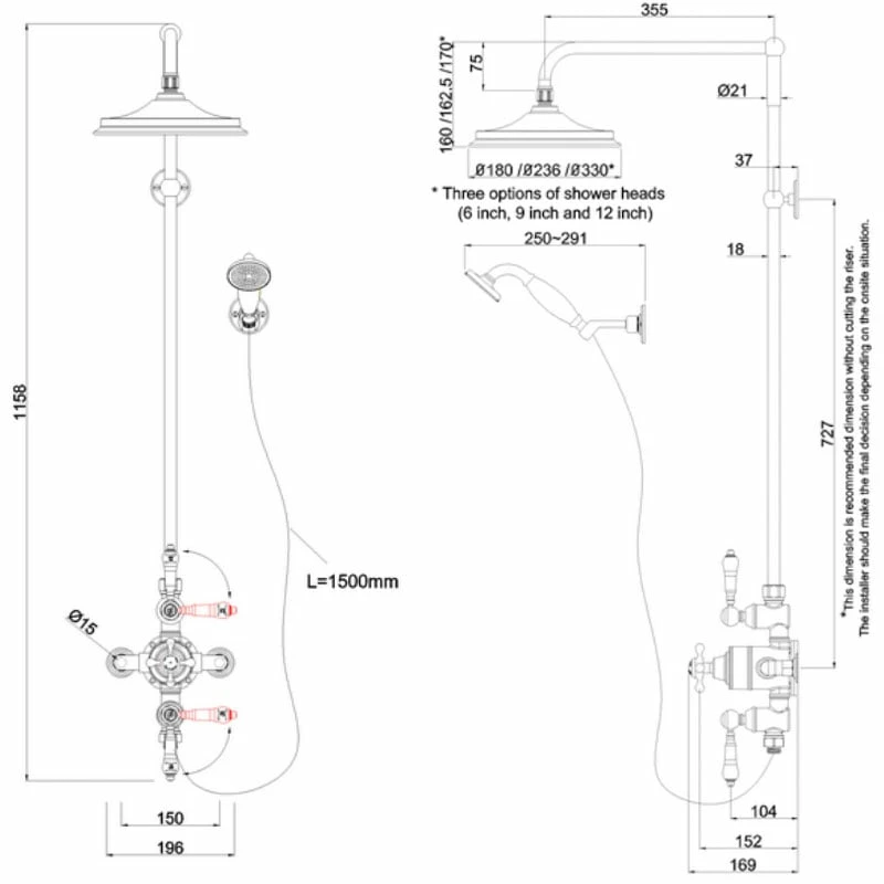 Burlington Avon Thermostatic Triple Exposed Mixer Shower With Shower Kit And 6 Inch Fixed Head - Black/Chrome 7 Burlington Avon Thermostatic Triple Exposed Mixer Shower With Shower Kit And 6 Inch Fixed Head - Black/Chrome - Image 5