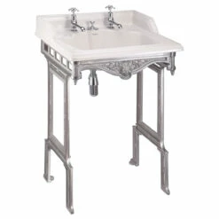 Burlington Classic Invisible Overflow Basin With Aluminium Wash Stand 650mm Wide 2 Tap Hole
