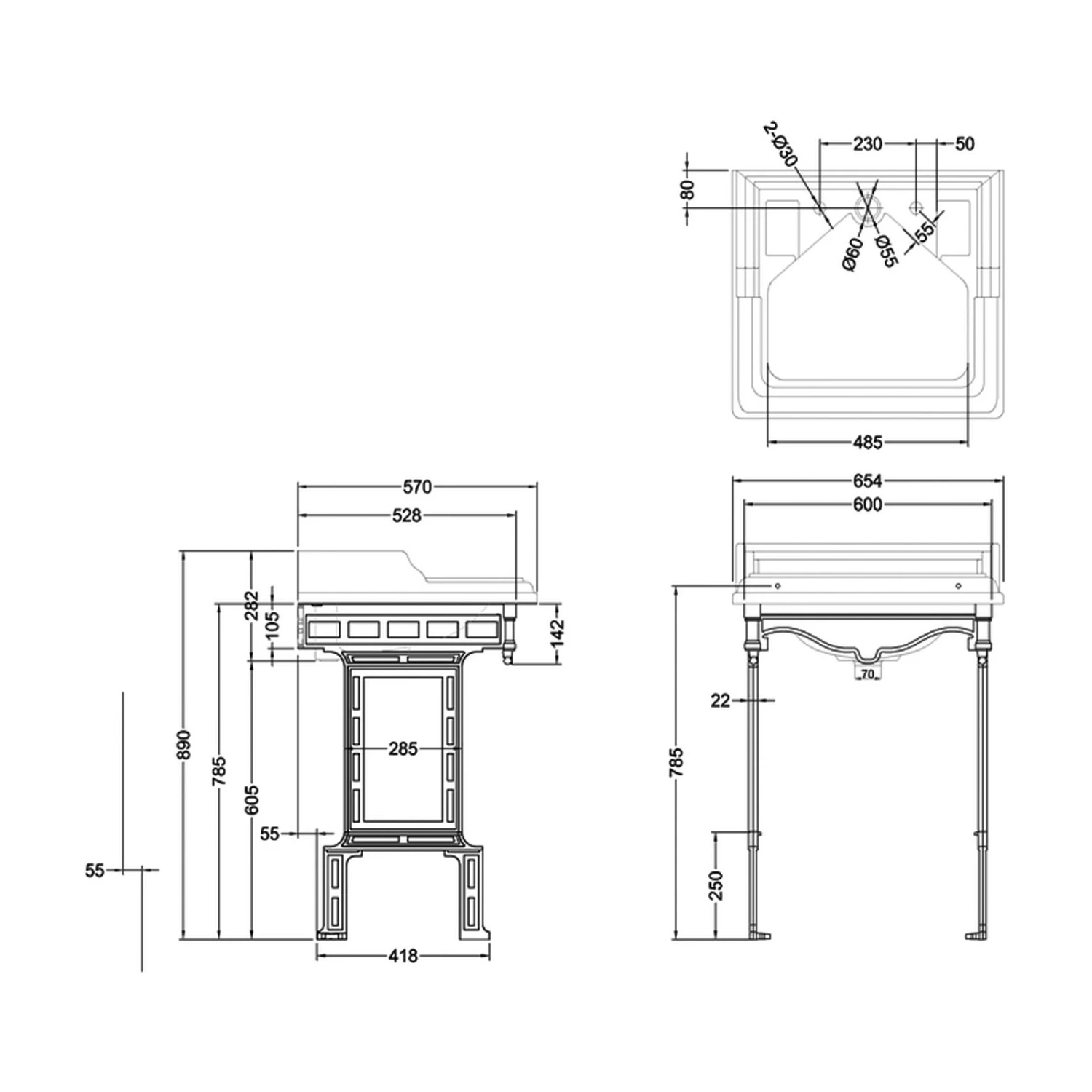 Burlington Classic Invisible Overflow Basin With White Wash Stand 650mm Wide 2 Tap Hole 3 Burlington Classic Invisible Overflow Basin With White Wash Stand 650mm Wide 2 Tap Hole