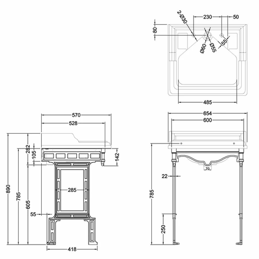 Burlington Classic Invisible Overflow Basin With Black Wash Stand 650mm Wide 2 Tap Hole 5 Burlington Classic Invisible Overflow Basin With Black Wash Stand 650mm Wide 2 Tap Hole - Image 3