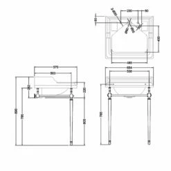 Burlington Classic Invisible Overflow Basin With Regal Chrome Wash Stand 650mm Wide 2 Tap Hole