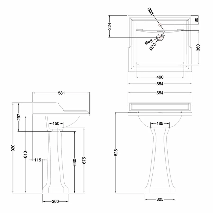 Burlington Classic Standard Basin With Full Pedestal 650mm Wide 1 TH - Jet Black 3 Burlington Classic Standard Basin With Full Pedestal 650mm Wide 1 TH - Jet Black