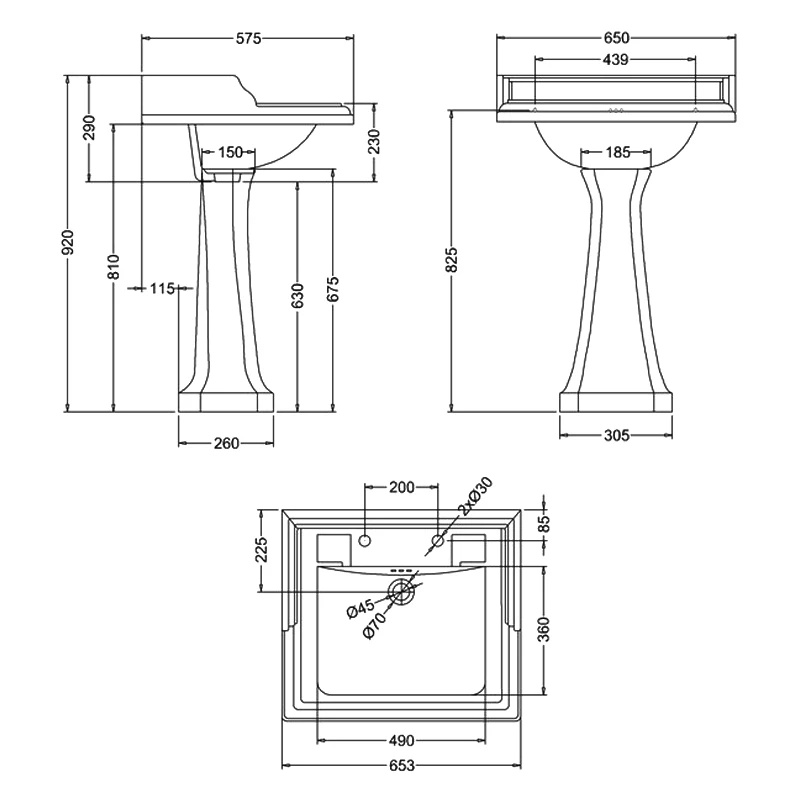 Burlington Classic Basin With Full Pedestal 650mm Wide 2 Tap Hole 3 Burlington Classic Basin With Full Pedestal 650mm Wide 2 Tap Hole