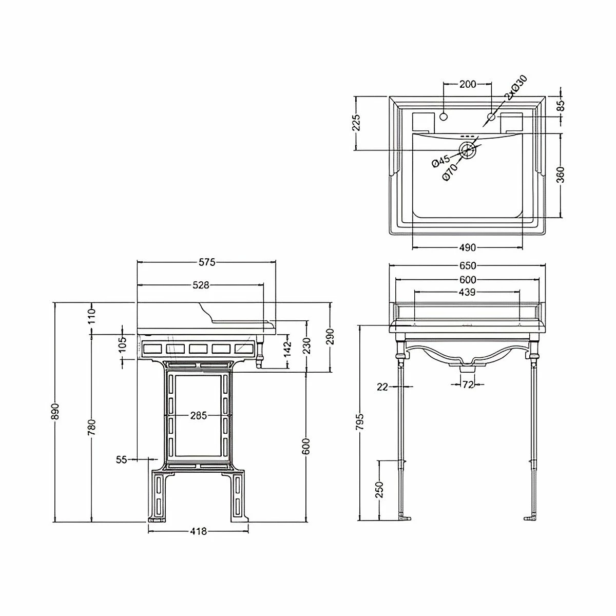 Burlington Classic Basin With White Wash Stand 650mm Wide 2 Tap Hole 3 Burlington Classic Basin With White Wash Stand 650mm Wide 2 Tap Hole