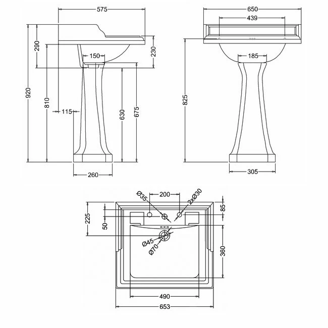 Burlington Classic Basin With Full Pedestal 650mm Wide 3 Tap Hole 4 Burlington Classic Basin With Full Pedestal 650mm Wide 3 Tap Hole - Image 2